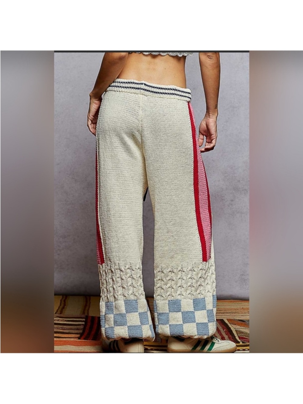 POL Granny Square Patchwork Cable Knit Chennile Sweater Jogger Pants